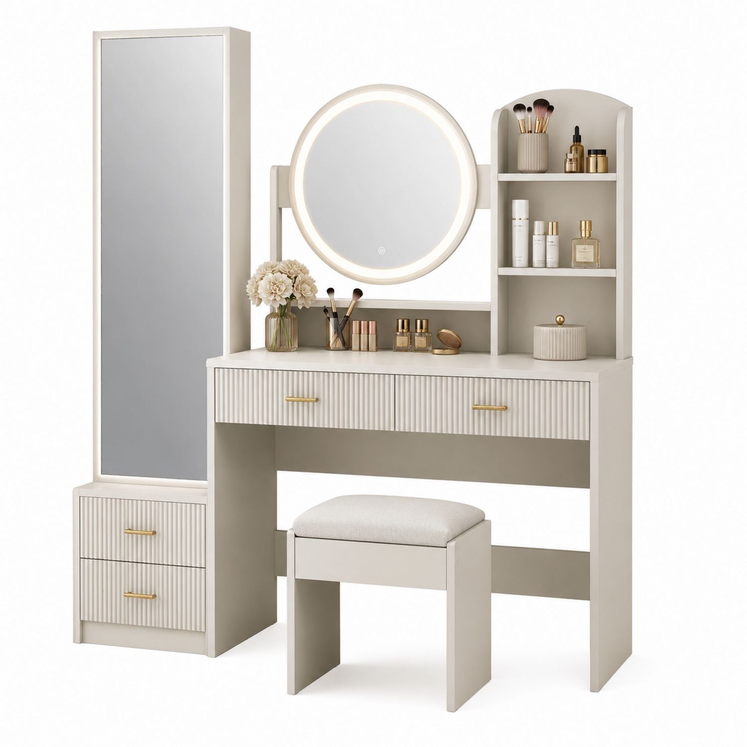 Schminktisch-Set aus beigem Holz mit Spiegel und Hocker