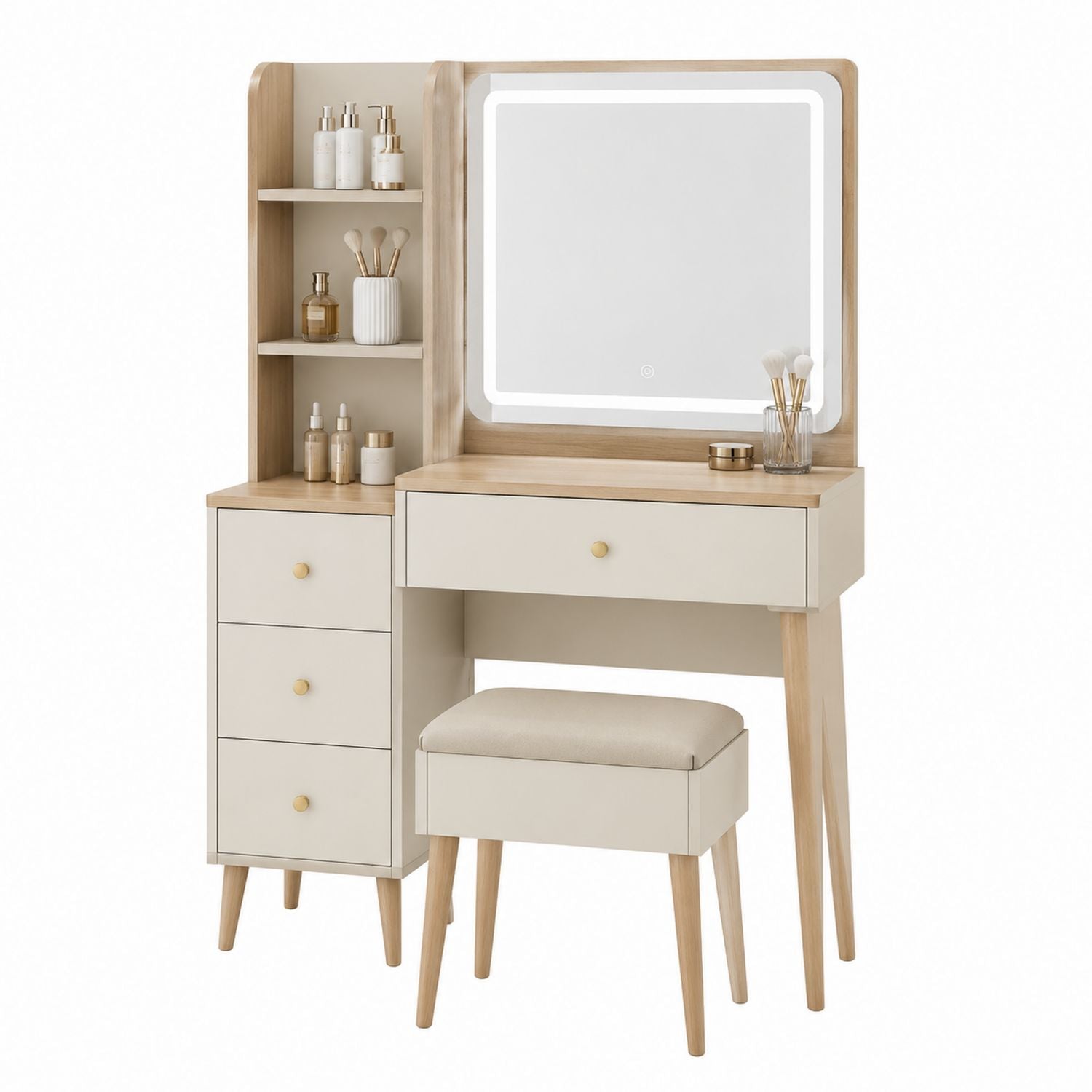 Schminktisch mit LED-Spiegel und Hocker, Holz, Beige