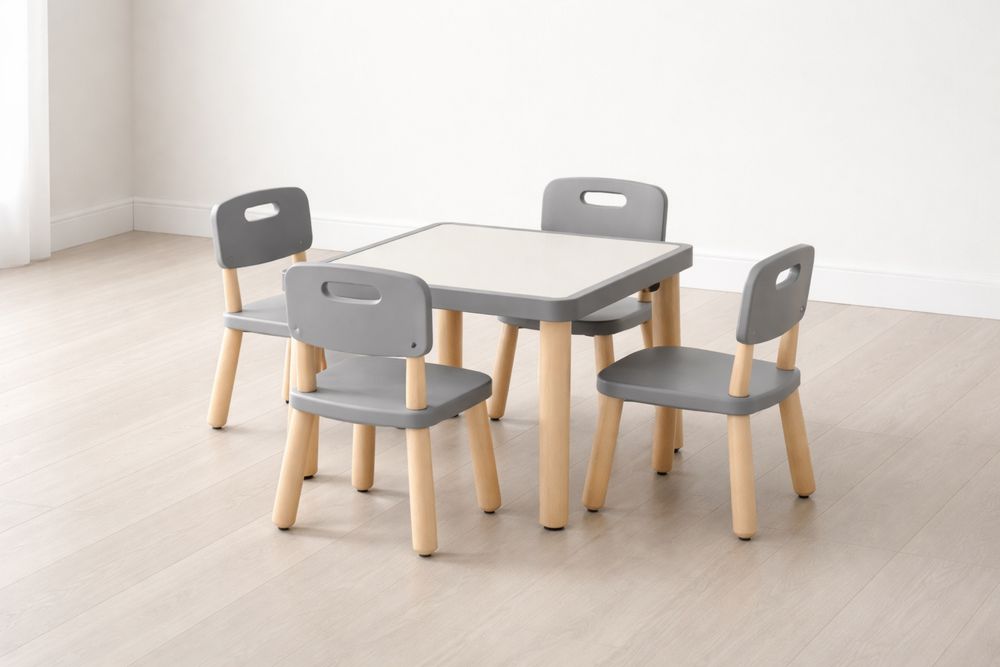 Children's Square Table and Chair Set, Gray and White