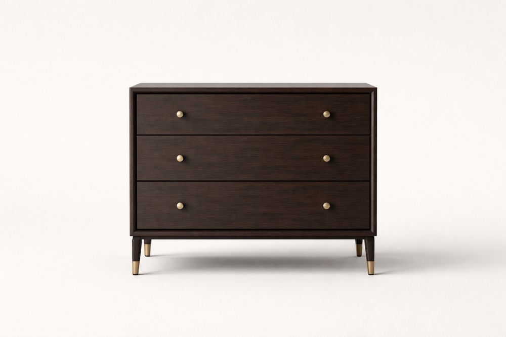 Dark Solid walnut wood Three-Drawer Dresser with Brass Accents