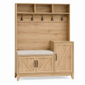 Oak Hall Tree with Storage Cabinet and Bench, Black Metal Hooks