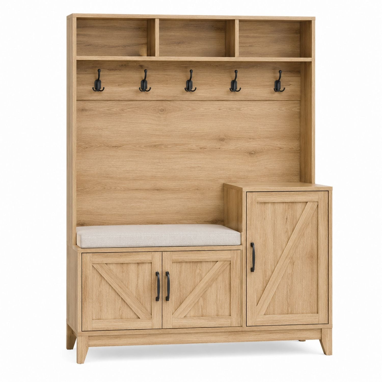 Oak Hall Tree with Storage Cabinet and Bench, Black Metal Hooks
