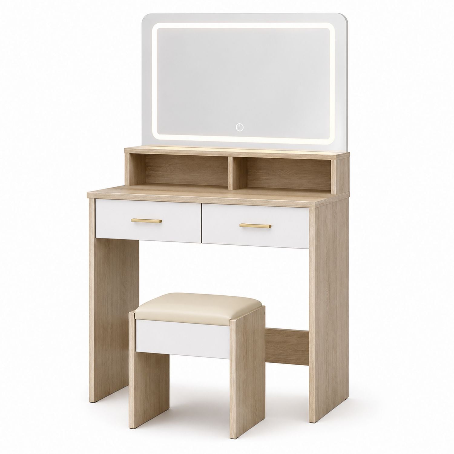 Waschtisch-Set aus Holzwerkstoff mit LED-Spiegel und Hocker