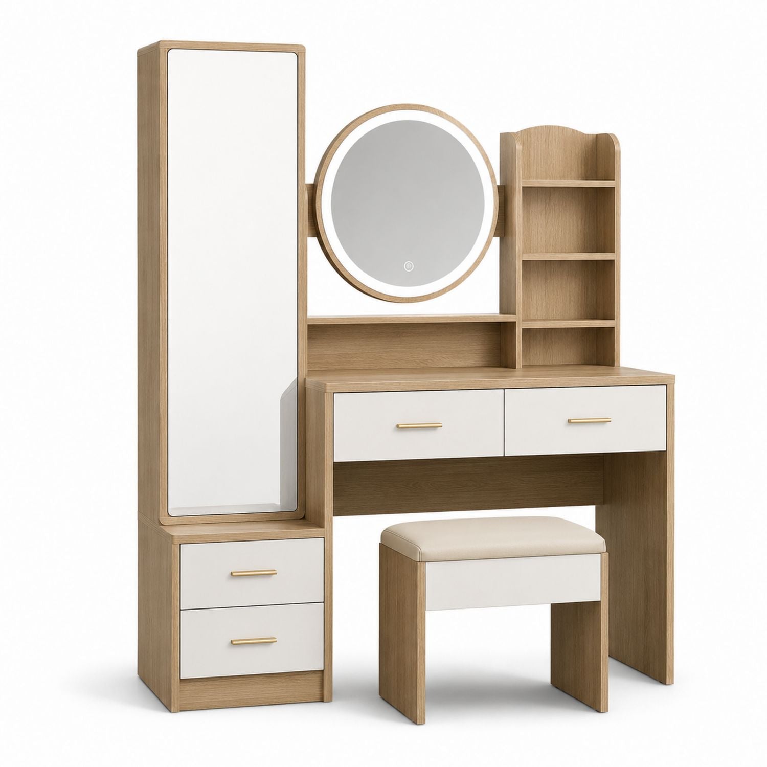 Waschtisch-Set aus Eichenholz mit LED-Spiegel und Hocker, Natur/Weiß 120cm