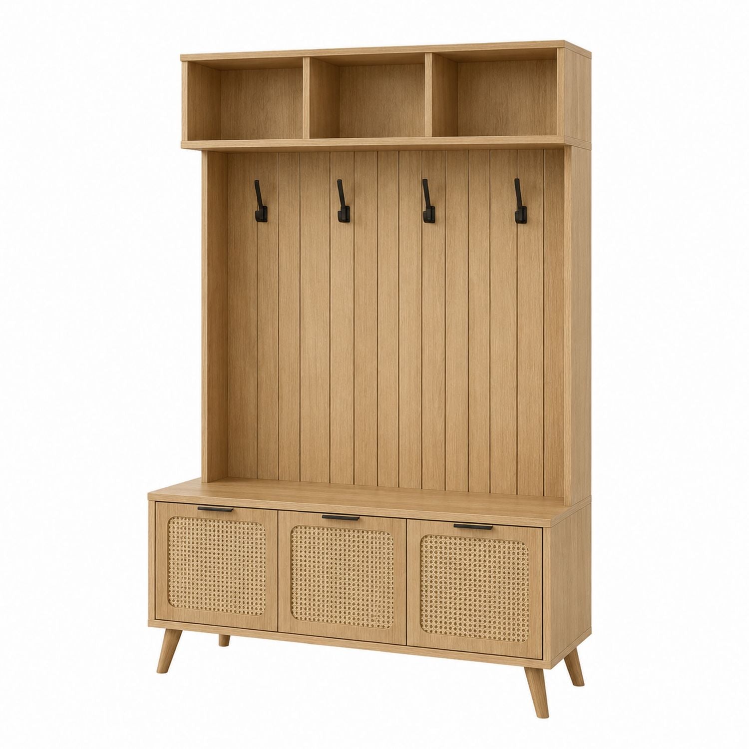 Oak Wood Coat Rack with Woven Rattan Doors and Black Metal Hooks