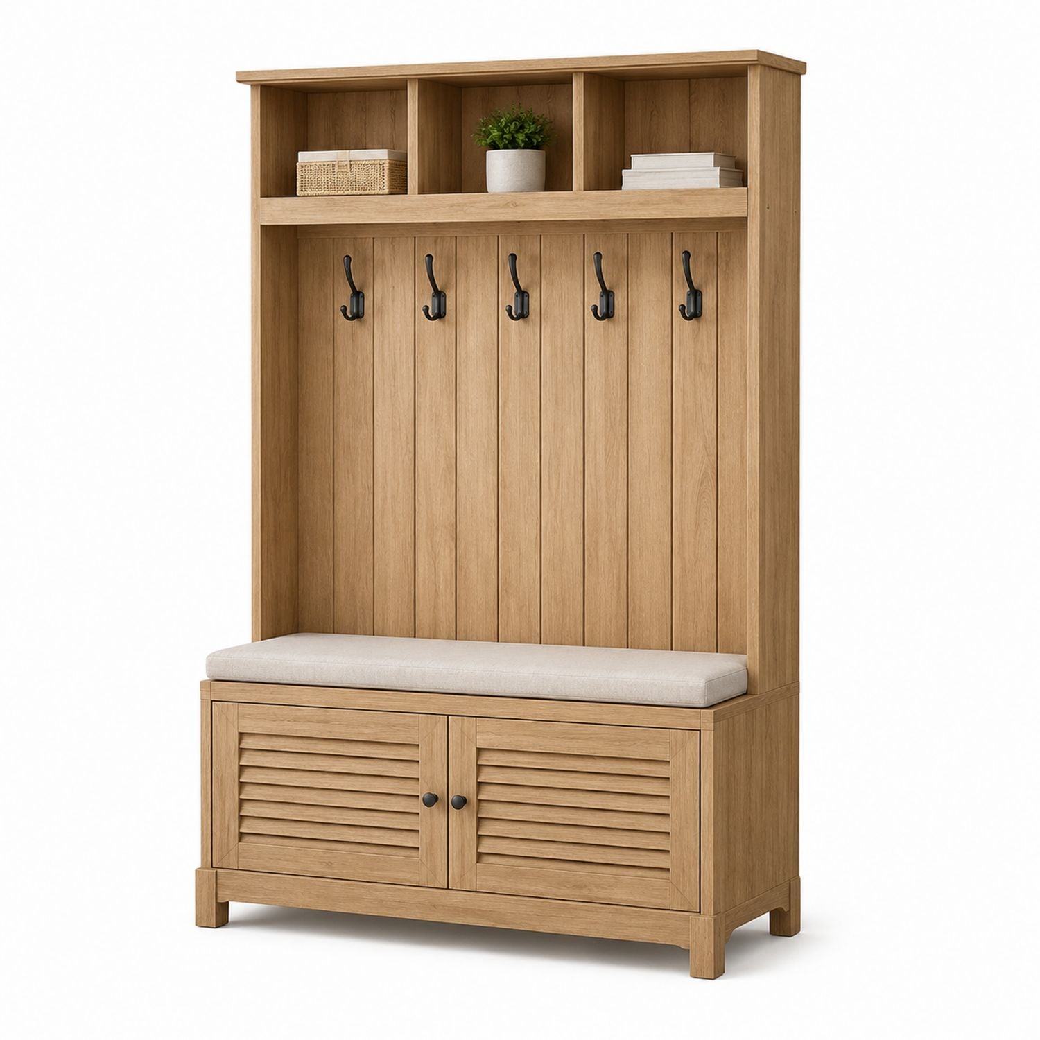 Solid Wood Hall Tree with Hooks and Storage in Natural Oak