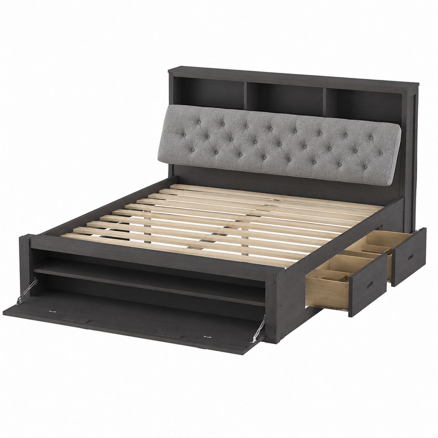 Queen-Size-Bett mit Stauraum aus Holz und Stoffpolsterung mit Schubladen und Regalen