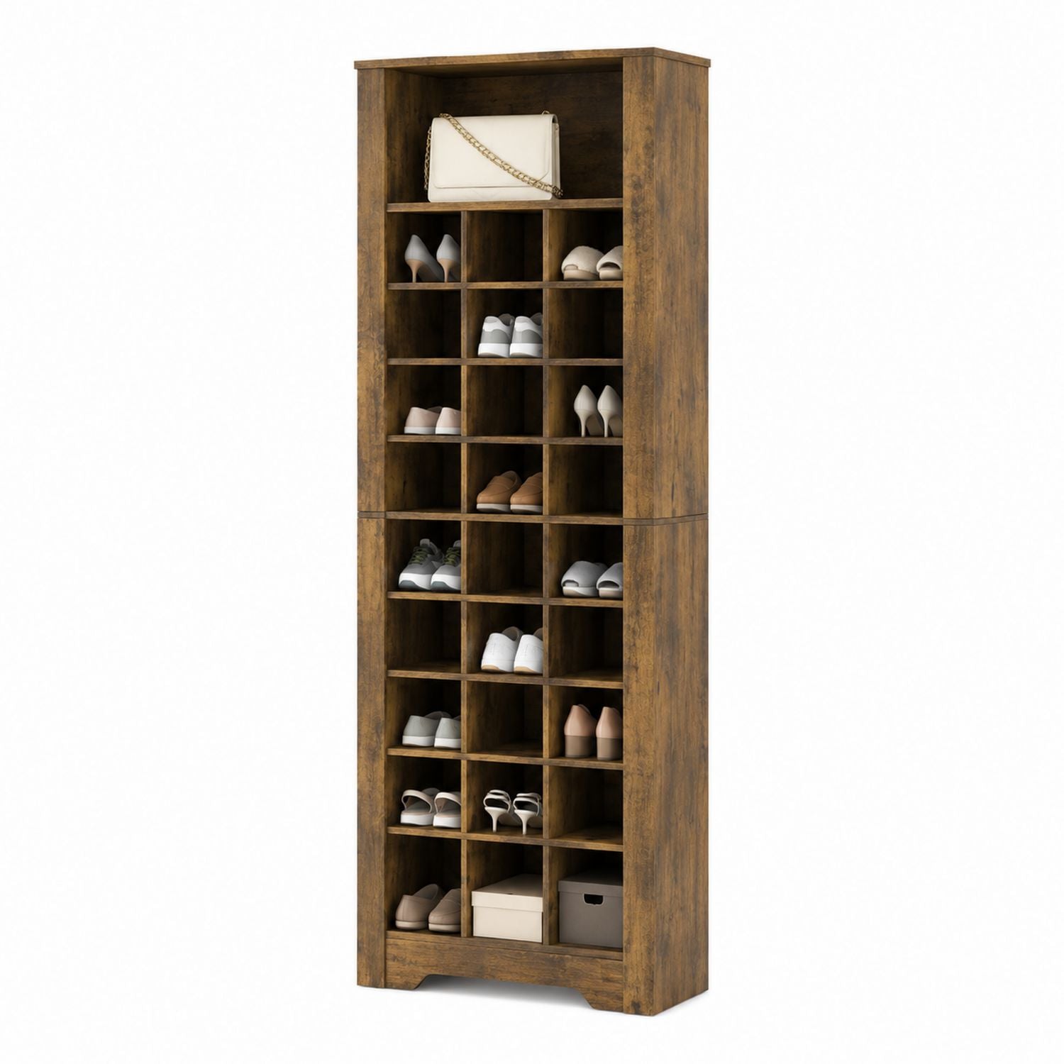 Tall Wooden Shoe Storage Cabinet with 24 Compartments Brown