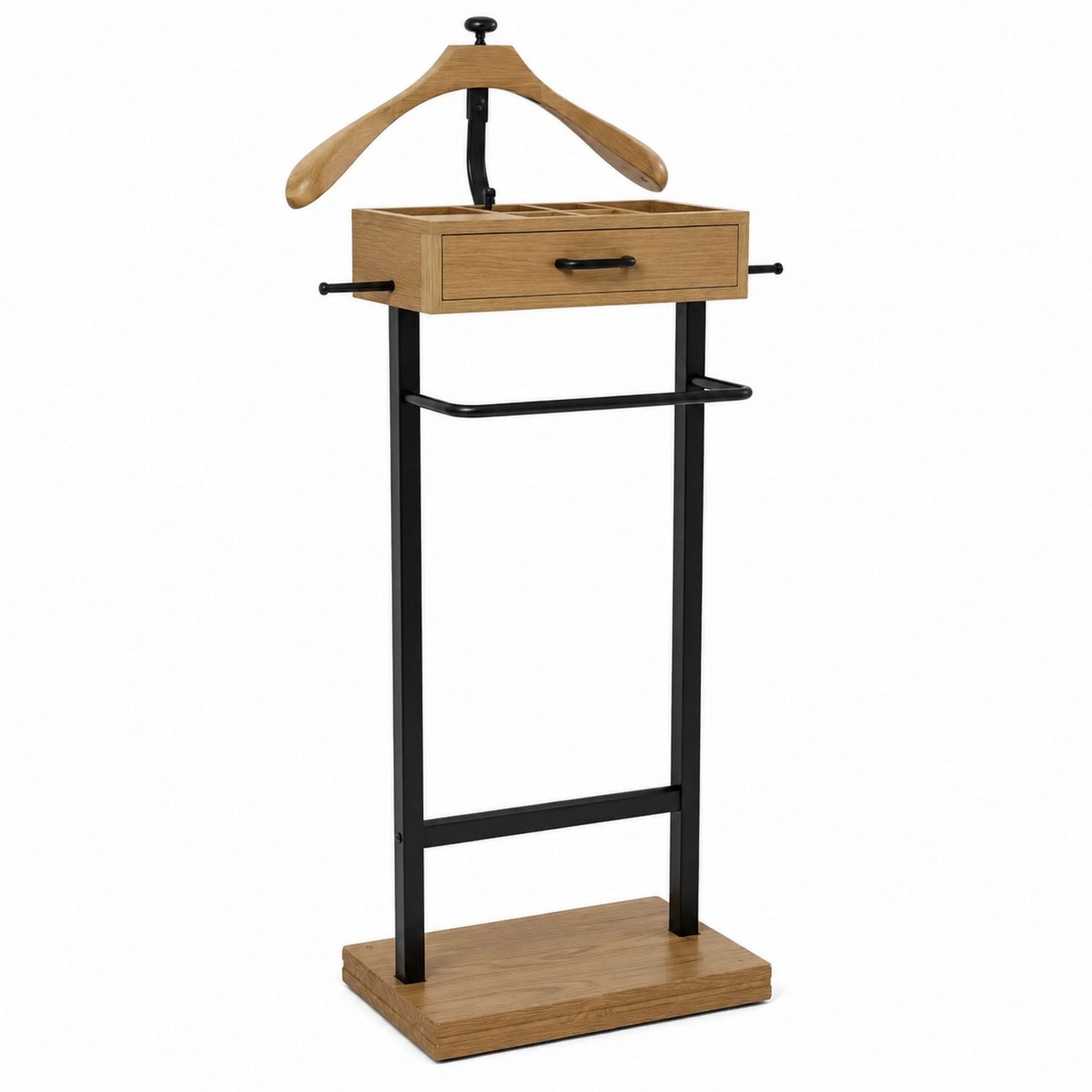 Oak Wood and Steel Coat Rack with Hanger and Drawer
