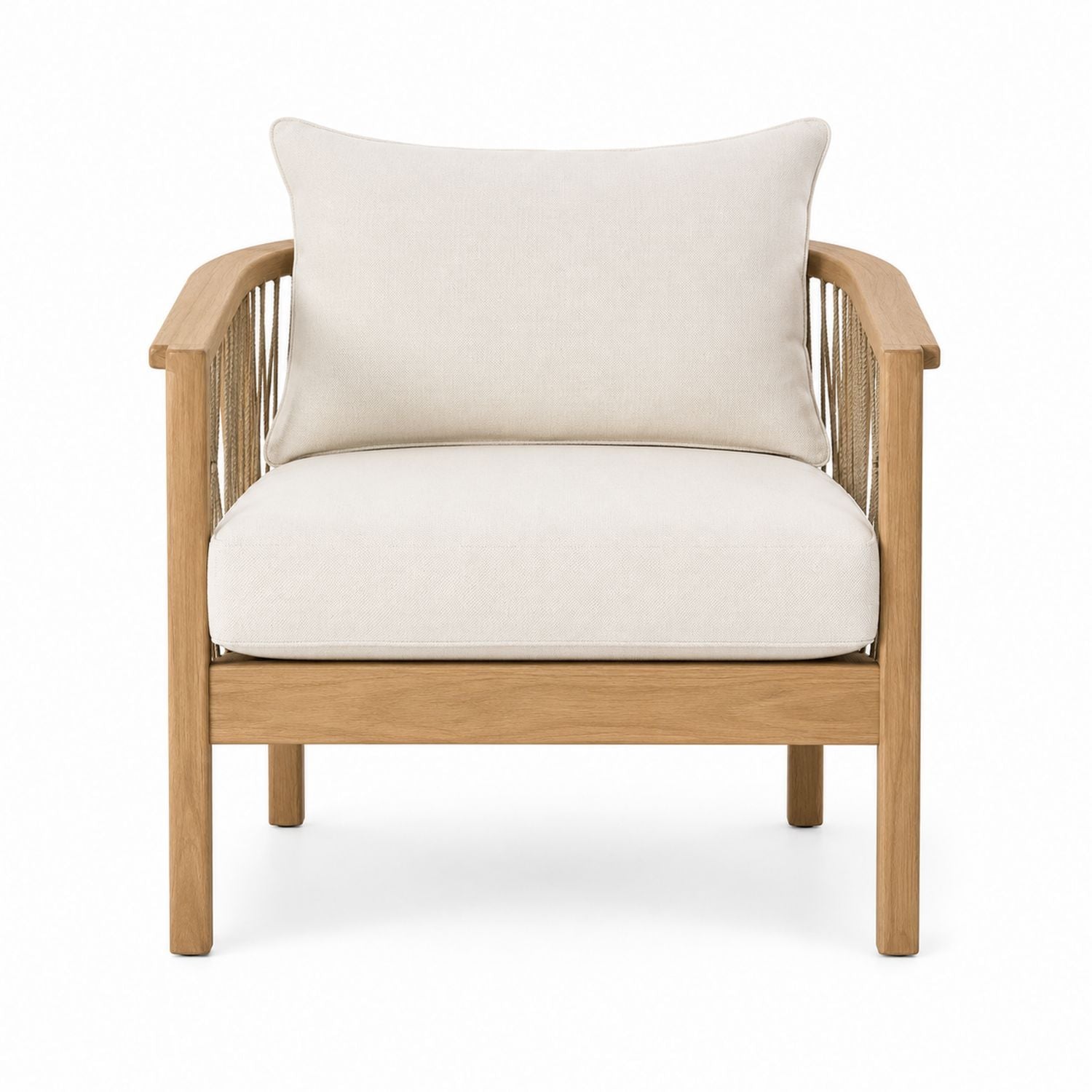 Outdoor-Sessel mit Teakholzrahmen und Leinenkissen Beige