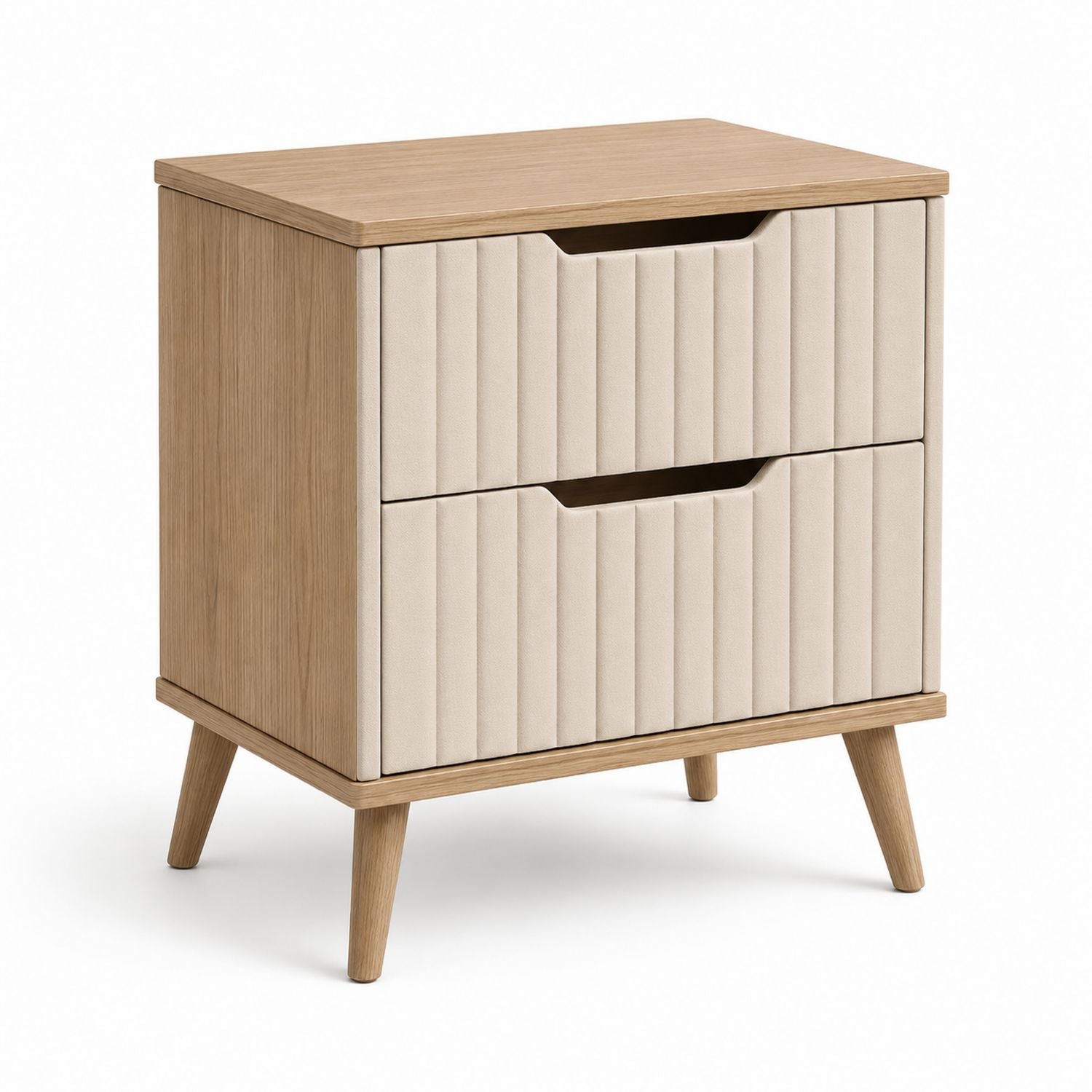 Nachttisch aus Holz mit zwei gepolsterten Schubladen, Beige