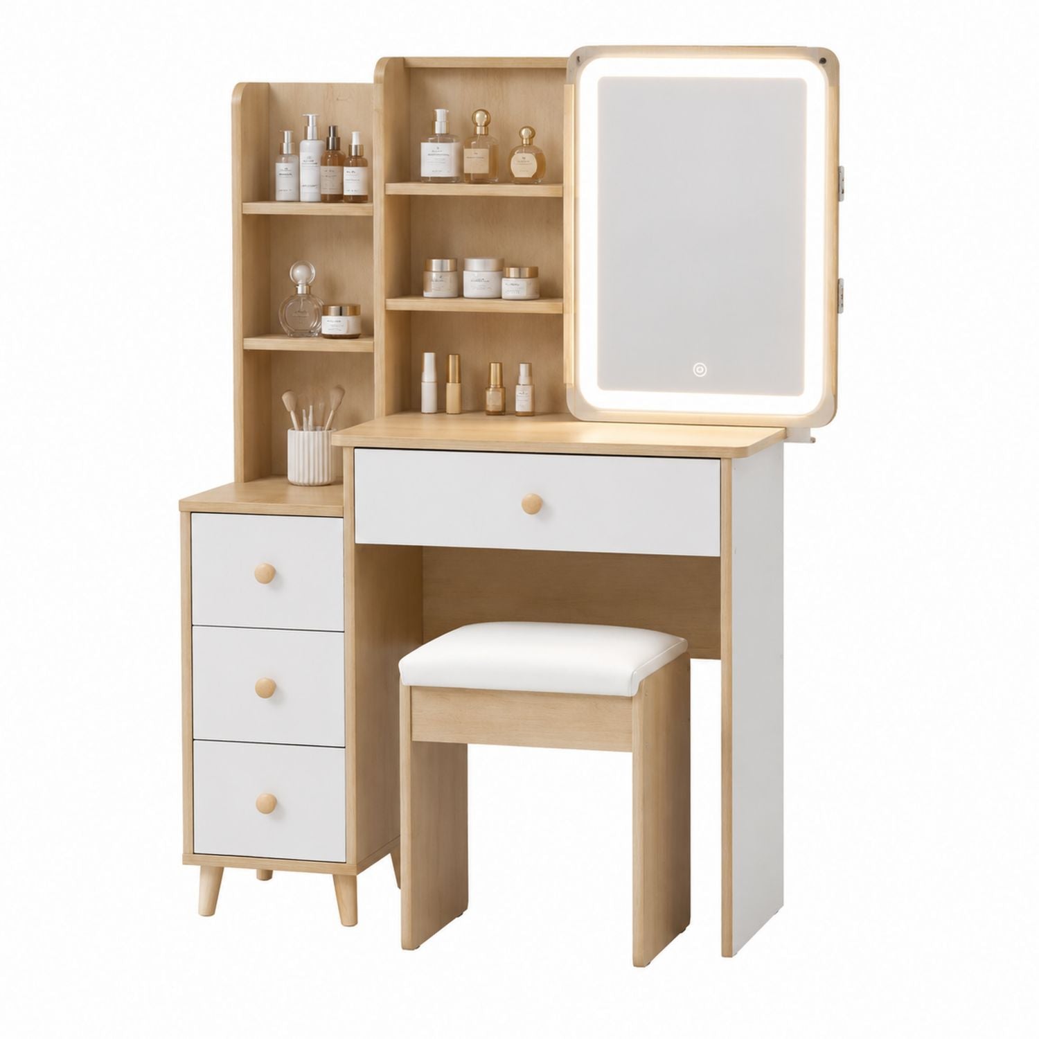 Waschtisch aus Holz mit LED-Spiegel und Hocker, Naturfinish