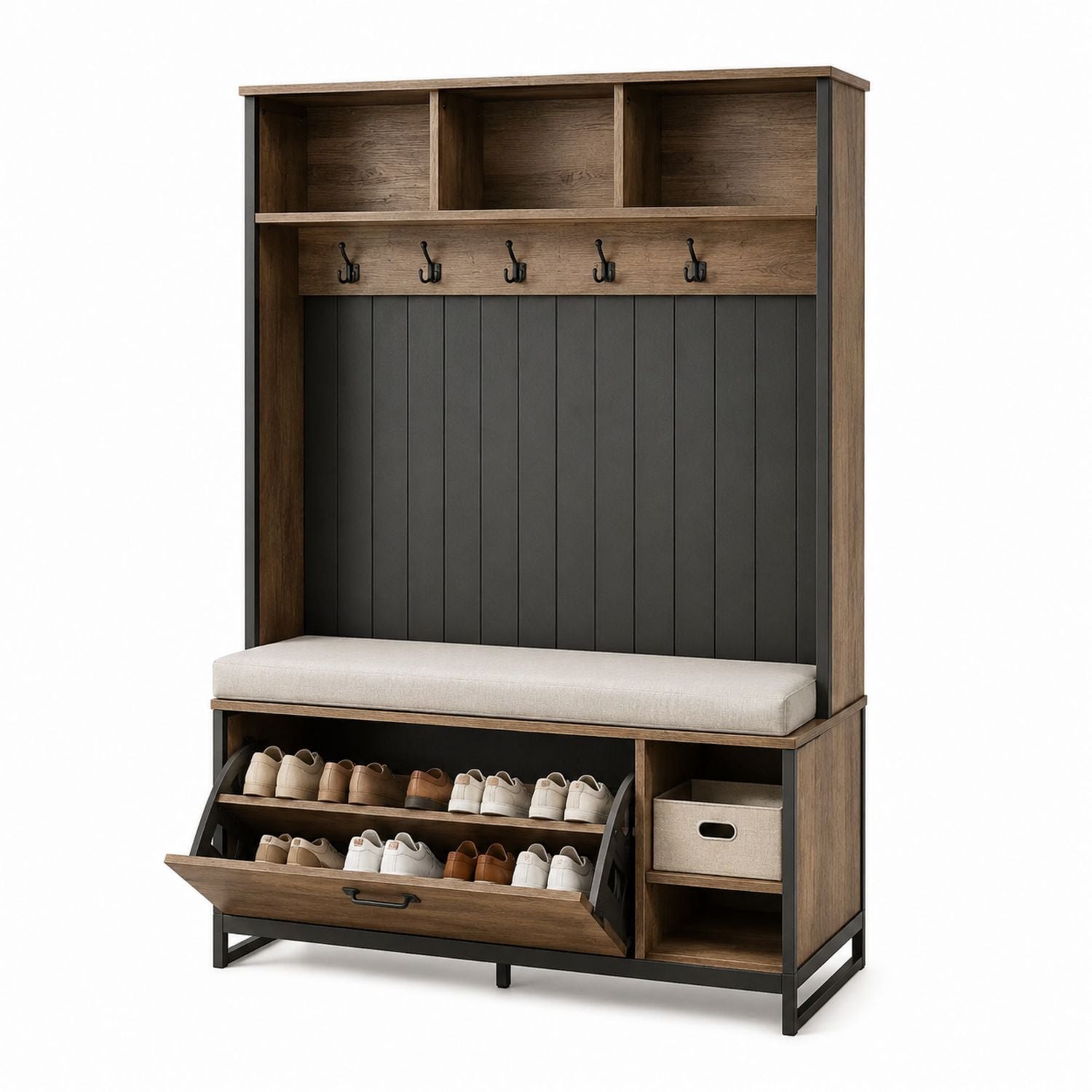 Wood and Metal Hall Tree with Bench Storage and Coat Hooks