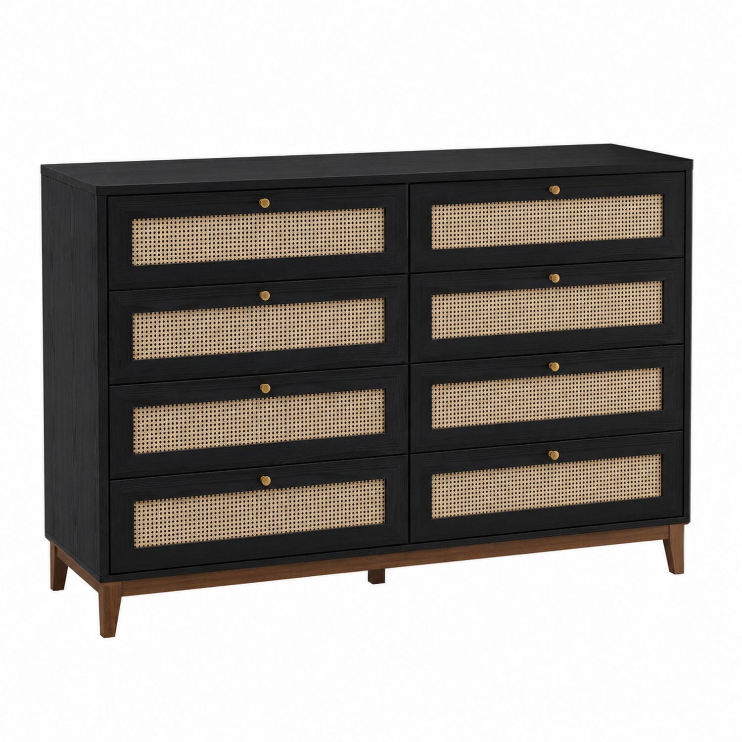 Schwarze Kommode mit 8 Schubladen und Rattanfronten