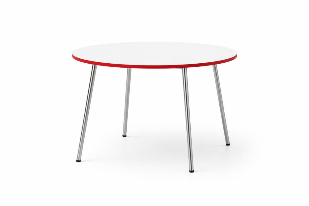 Round White Table with Red Edge Steel Legs