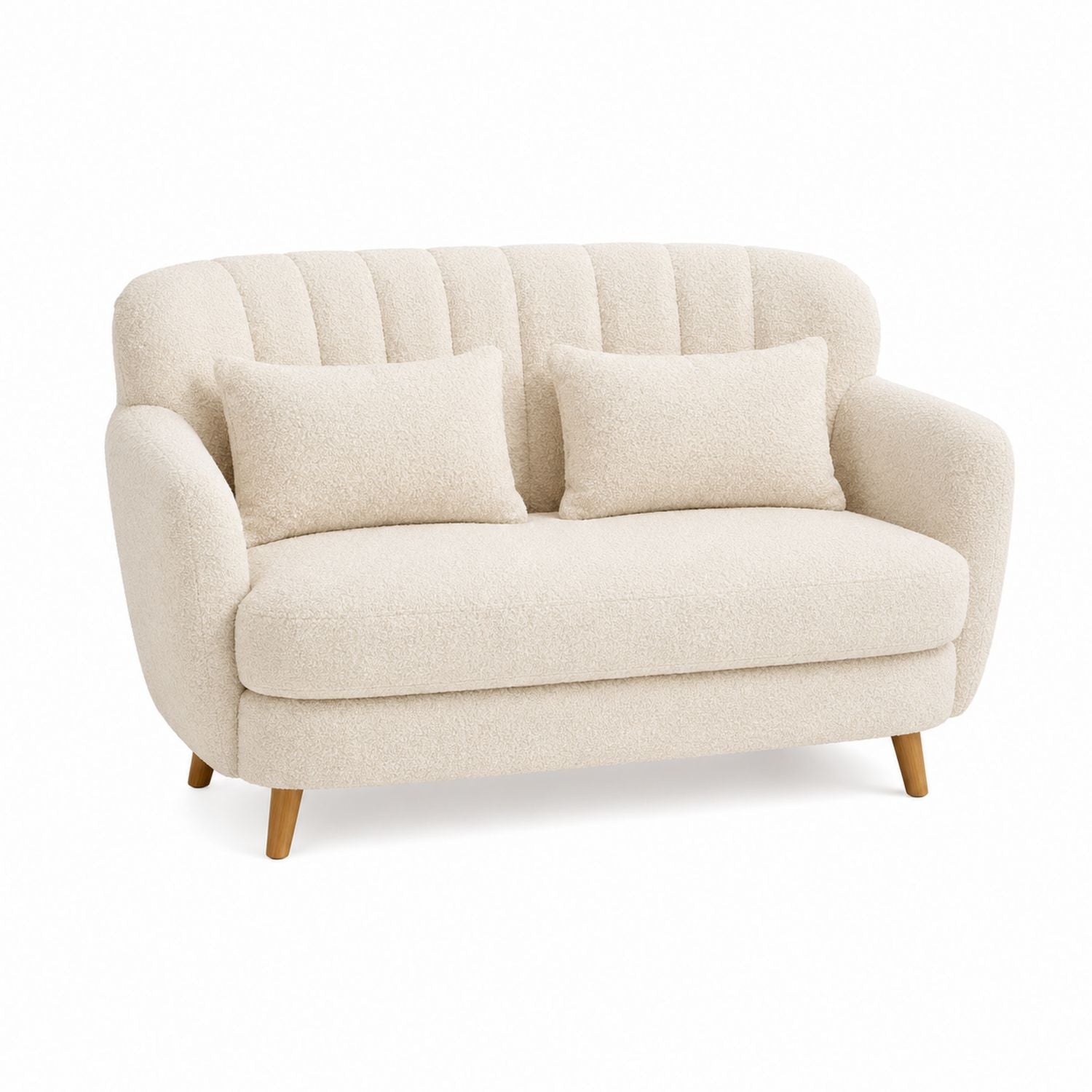 Beigefarbenes Bouclé-Stoff-Sofa mit Kissen