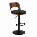 Adjustable Wood and Metal Swivel Bar Stool with PU Leather Seat and Footrest Black