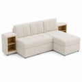 Beiges Stoff-Schlafsofa mit Stauraum-Recamiere und Holzregalen
