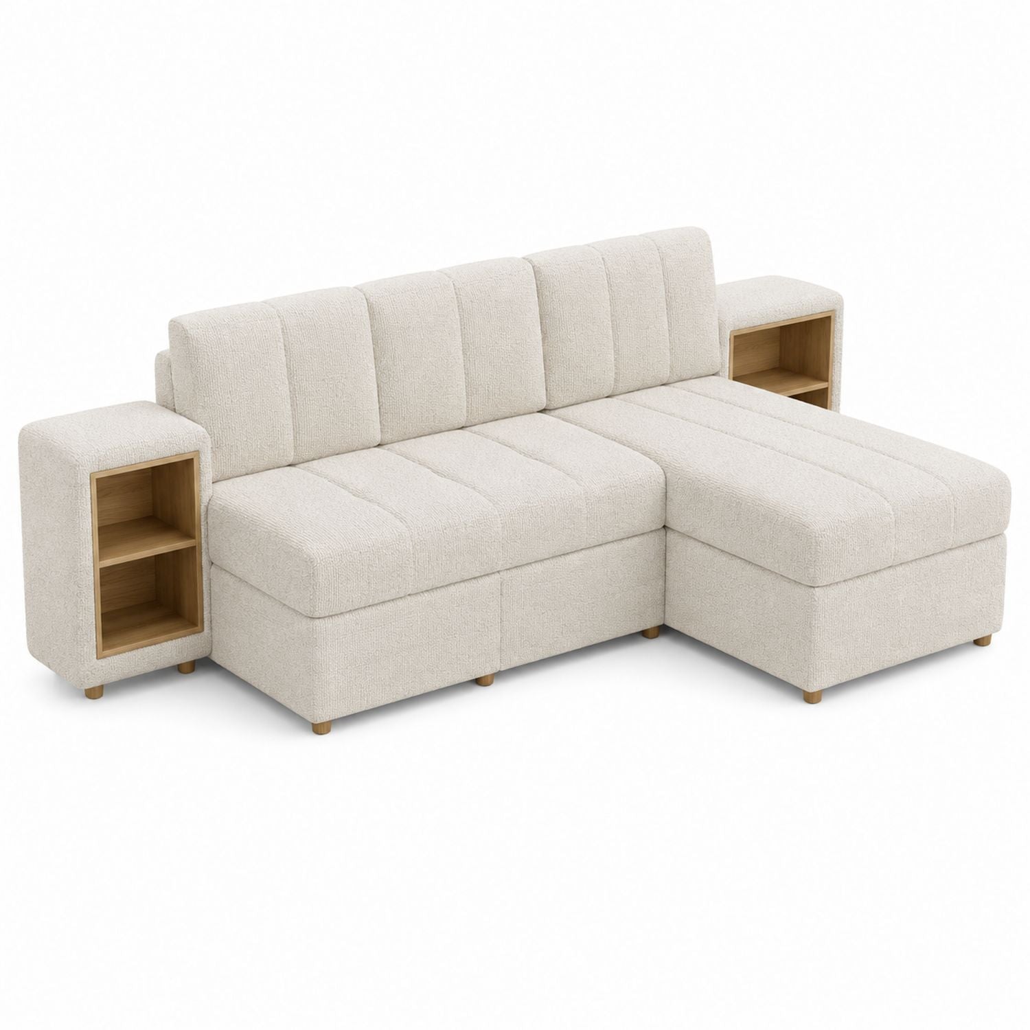 Beiges Stoff-Schlafsofa mit Stauraum-Recamiere und Holzregalen
