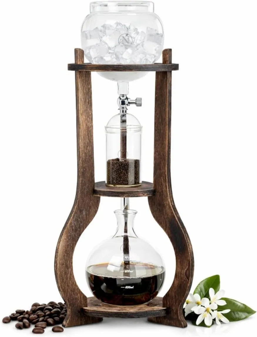 Drip Coffee Maker, 8 Cup, Wooden Frame & Glassware, Slow Cold Extraction System, Nispira