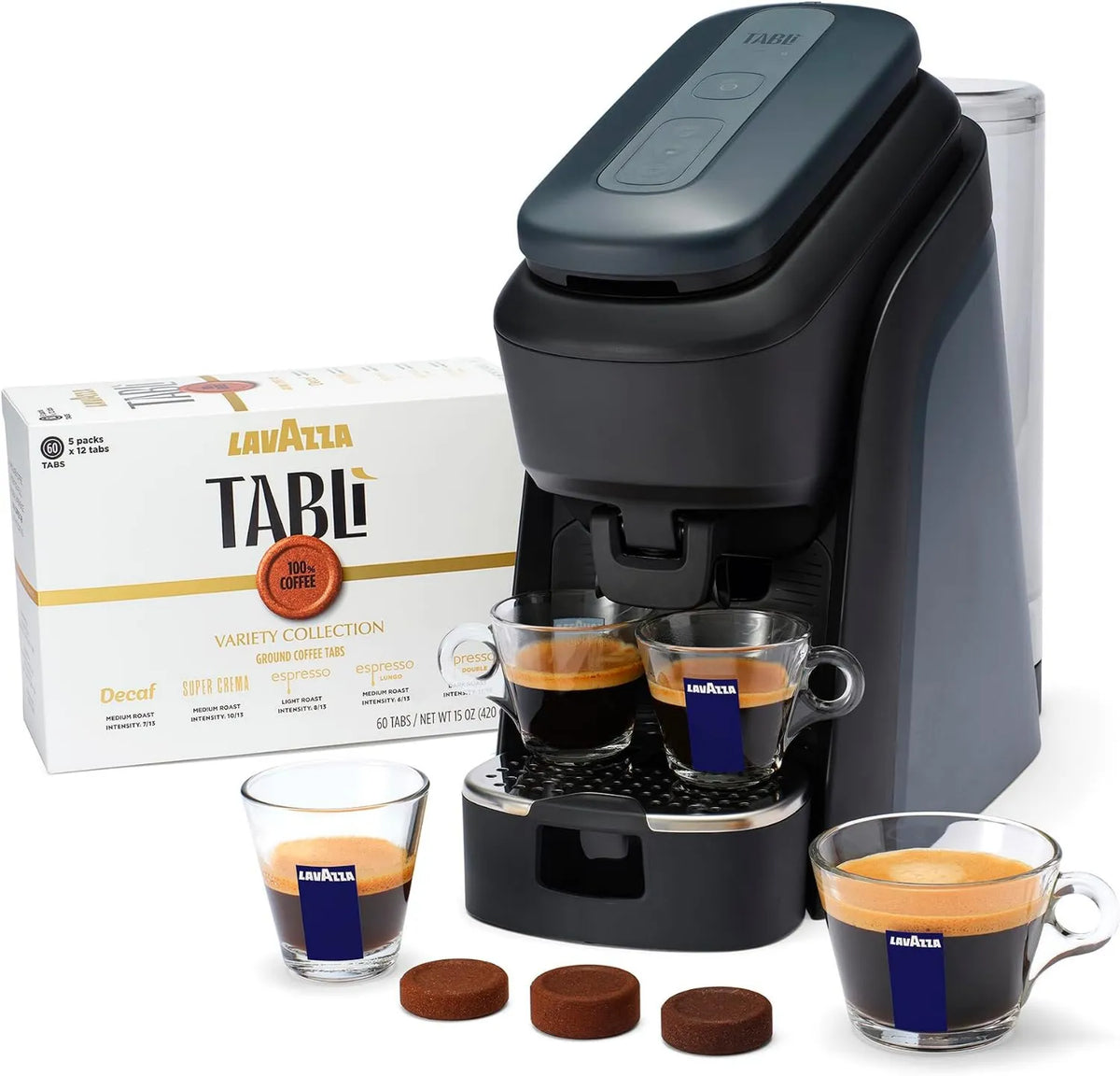 Espresso Machine 60-count, and 60-count variety Coffee Tabs, Lavazza