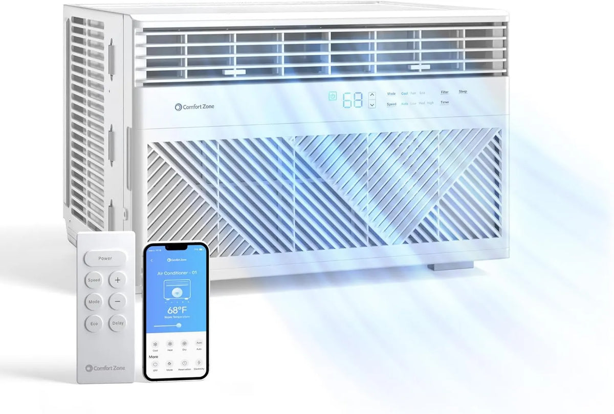 Air Conditioner Window Mounted Smart Wi-Fi Room 24-Hour, Remote Control, Timer, 8000 BTU, 4 Speed, 4 Mode, and Eco Mode, Sleep Setting, COMFORT ZONE
