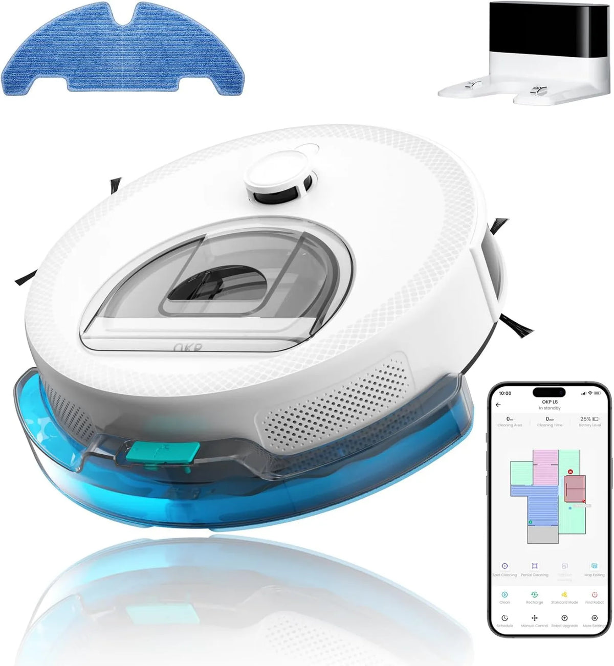 Robot Vacuum and Mop Lidar Robot, 3.7 inch, 5G, 6000Pa, 150 Min Max, 3.7 inch Thin, Ideal for Pet Hair, LiDAR Navigation, Vacuuming and Mopping, OKP