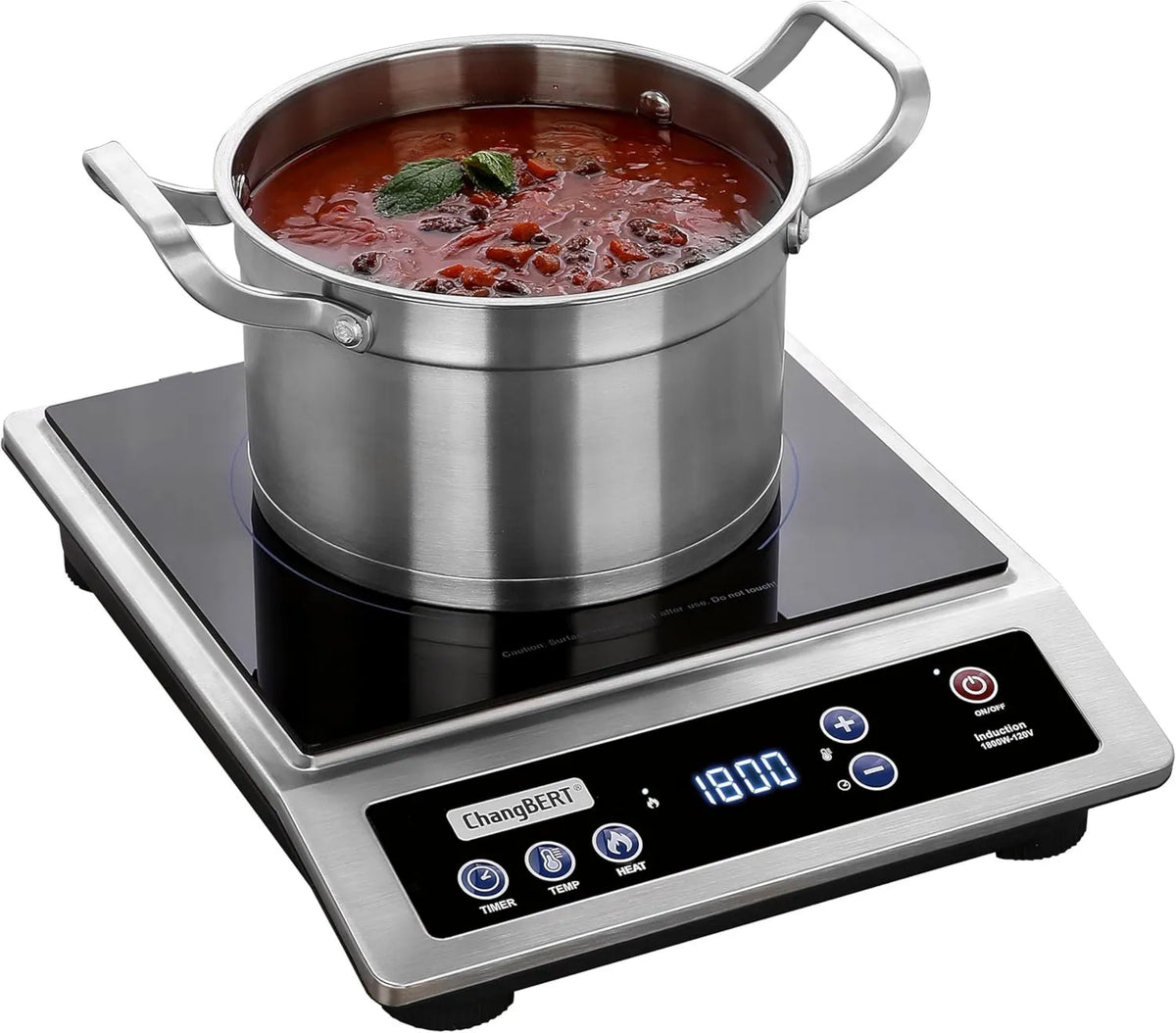 Induction Cooktop, Stainless Steel, Timer, Commercial-Grade Design, Compact Portable Design, Heat Function, 1800W, 10 Hours, Large 8' Heating Coil