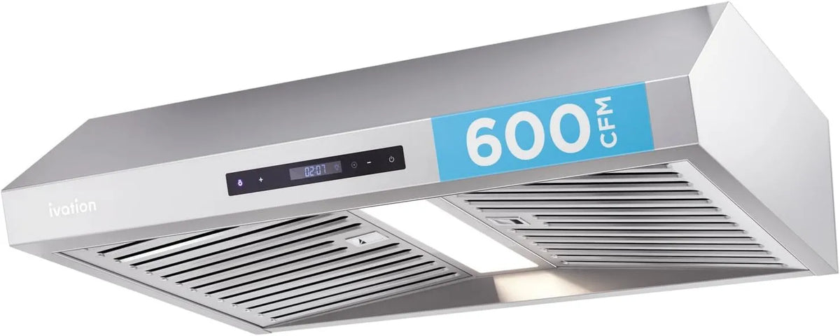 Range Hood Ivation 30' Under Cabinet 3-Way, 600 CFM, Stainless Steel, Timer, 3-Way Venting, Built-In LED Light & Clock