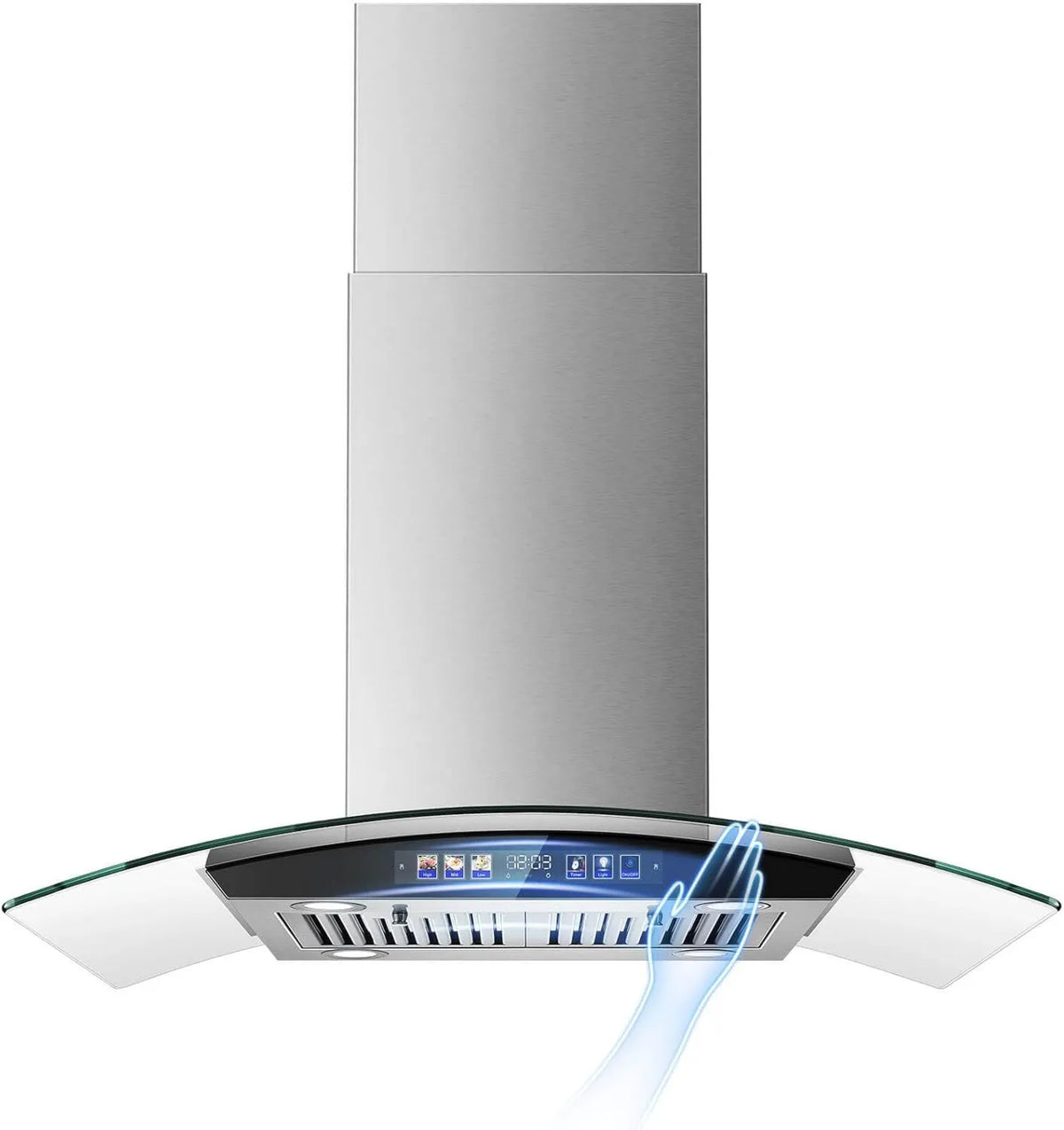 Range Hood, 700 CFM, 36 Inch, 3 Speed, Touch Controls, Ceiling-Mount Installation, Island-Mount Design, 4 LED Lights, Tempered Glass, JOEAONZ