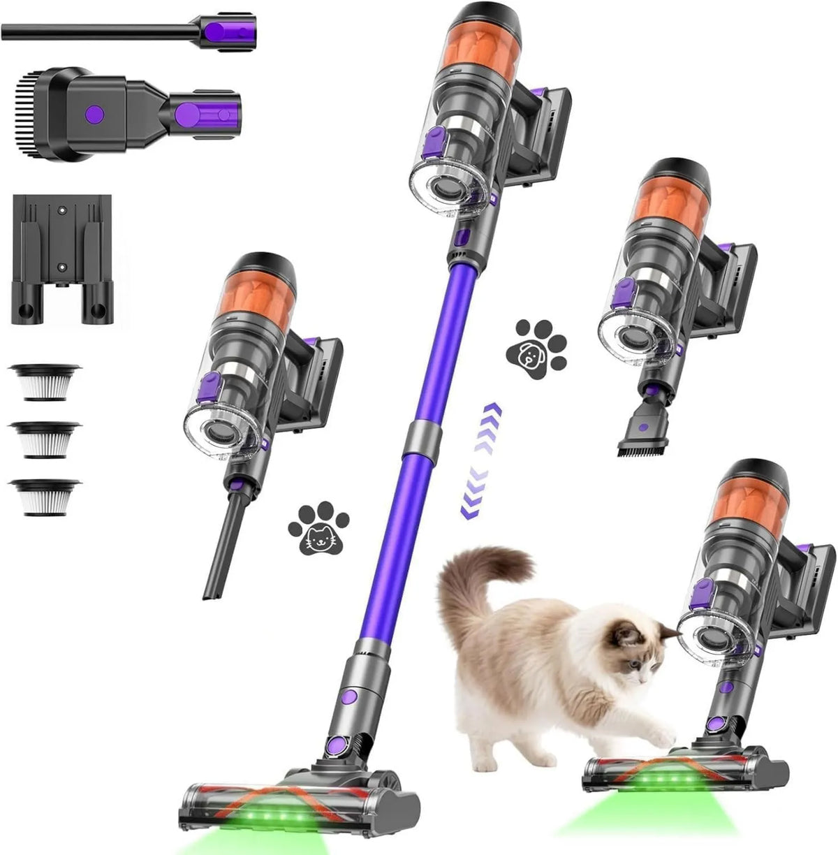 Cordless Stick Vacuum, 500W, 40KPa, 60Mins, Cordless Design, Rechargeable, Anti-Tangle Brush