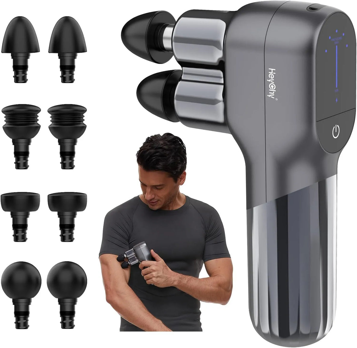 Percussion Massage Gun F5 Dual-Head, 9mm, 5 Speeds, 4 Heads, Deep-Tissue Massage, HEYCHY