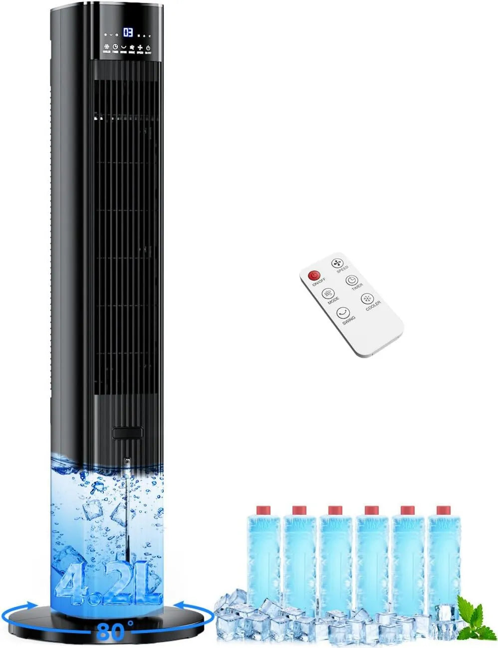 Air Conditioner 1.1-Gal, 42 INCH, 4 Mode, 3 Speed, Timer, Compact Portable Design, 6 Ice Packs, 1.1-Gal Dual Tank Evaporative Cooler for Room