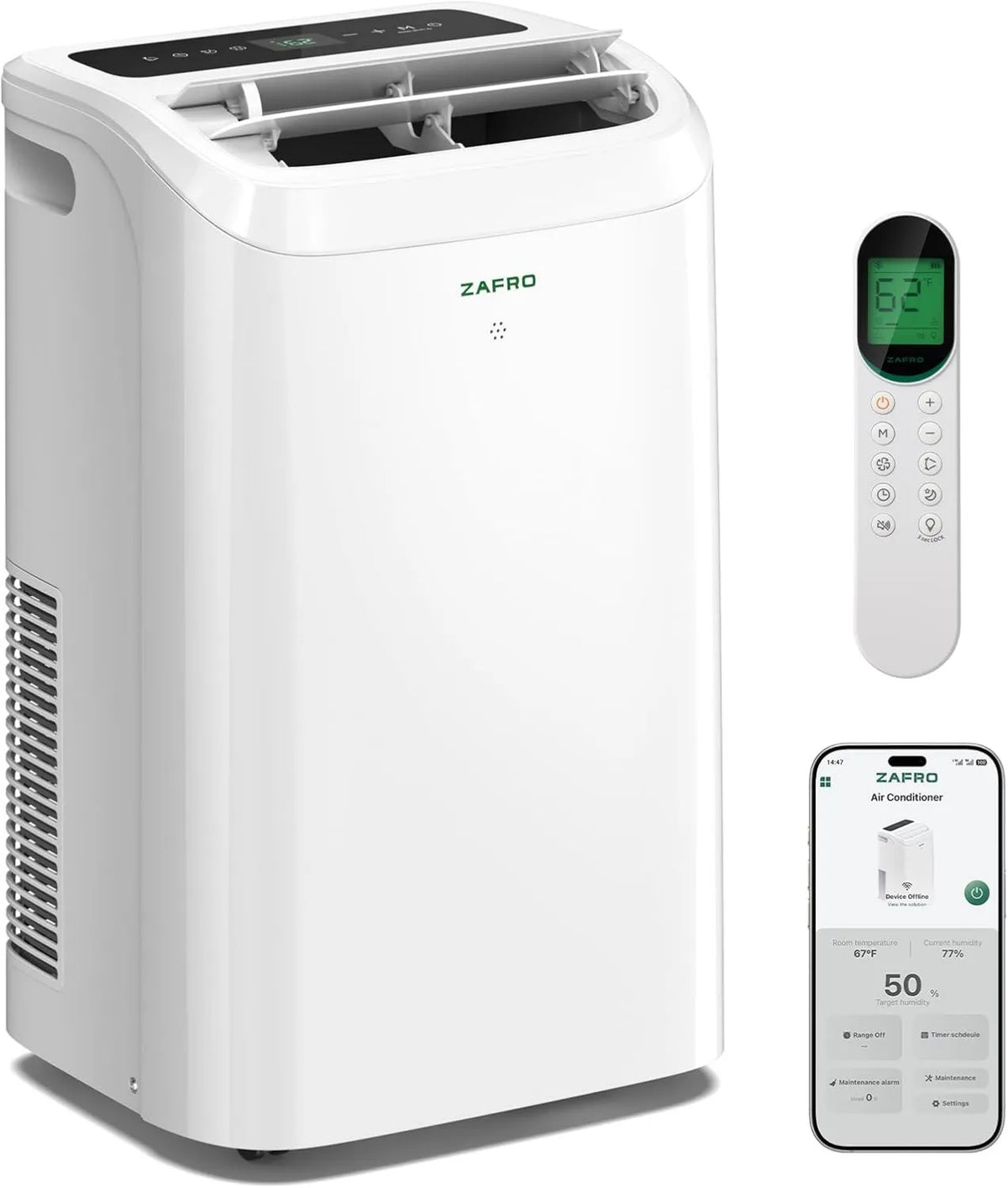 Air Conditioner Smart Portable, 12000 BTU, 8000 BTU, Compact Portable Design, ZAFRO