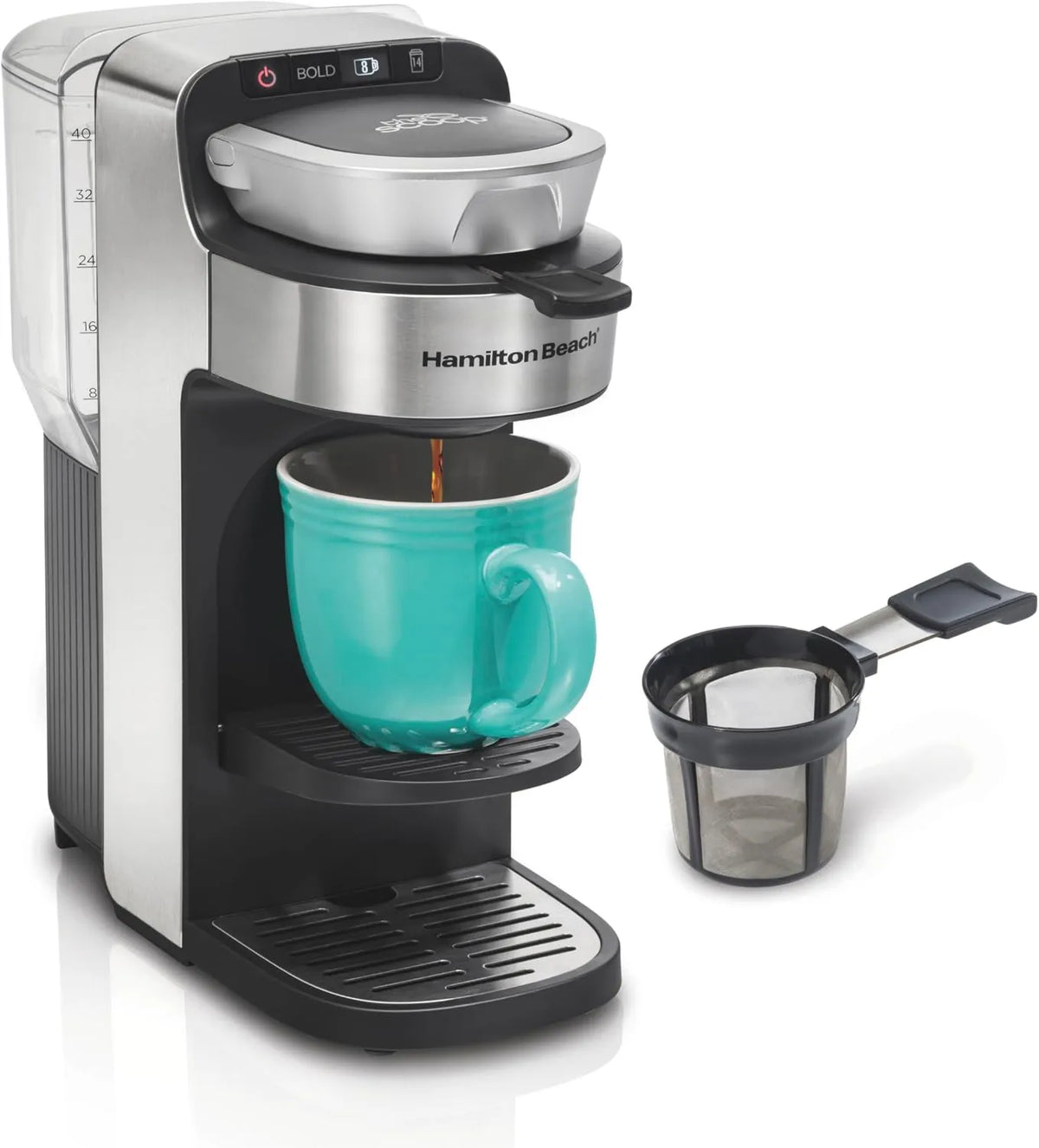 Hamilton Beach The Scoop Single Serve 8-14oz Drip Coffee Maker, 40oz, Stainless Steel, Removable Reservoir, Brews in Minutes, Single-Serve Brewing