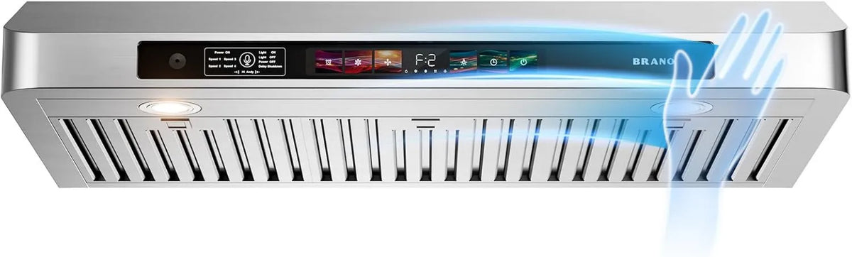 Range Hood 4-Speed, 900 CFM, 36 Inch, Stainless Steel Stove Hood with LED Lights, Baffle Filters, Touch Controls, BRANO