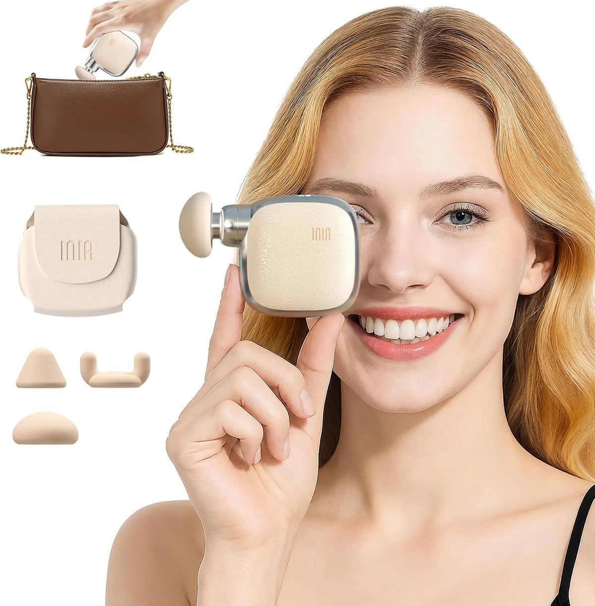 Percussion Massage Gun PocketForce Mini 4-Speed, 3 Heads, 75% Smaller for Travel, INIA