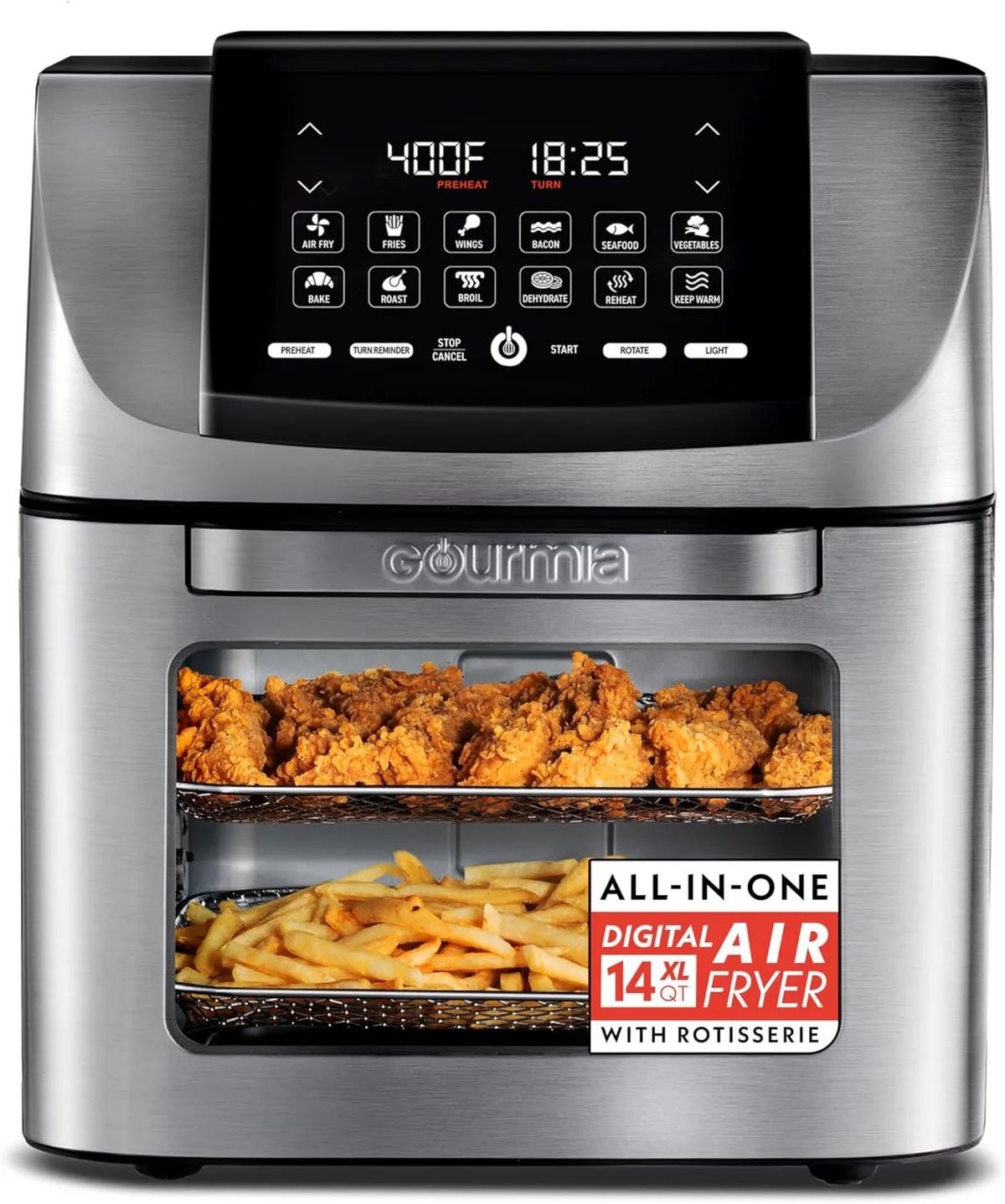 Air Fryer, 14 Qt, Stainless Steel, Rotisserie Function, Gourmia
