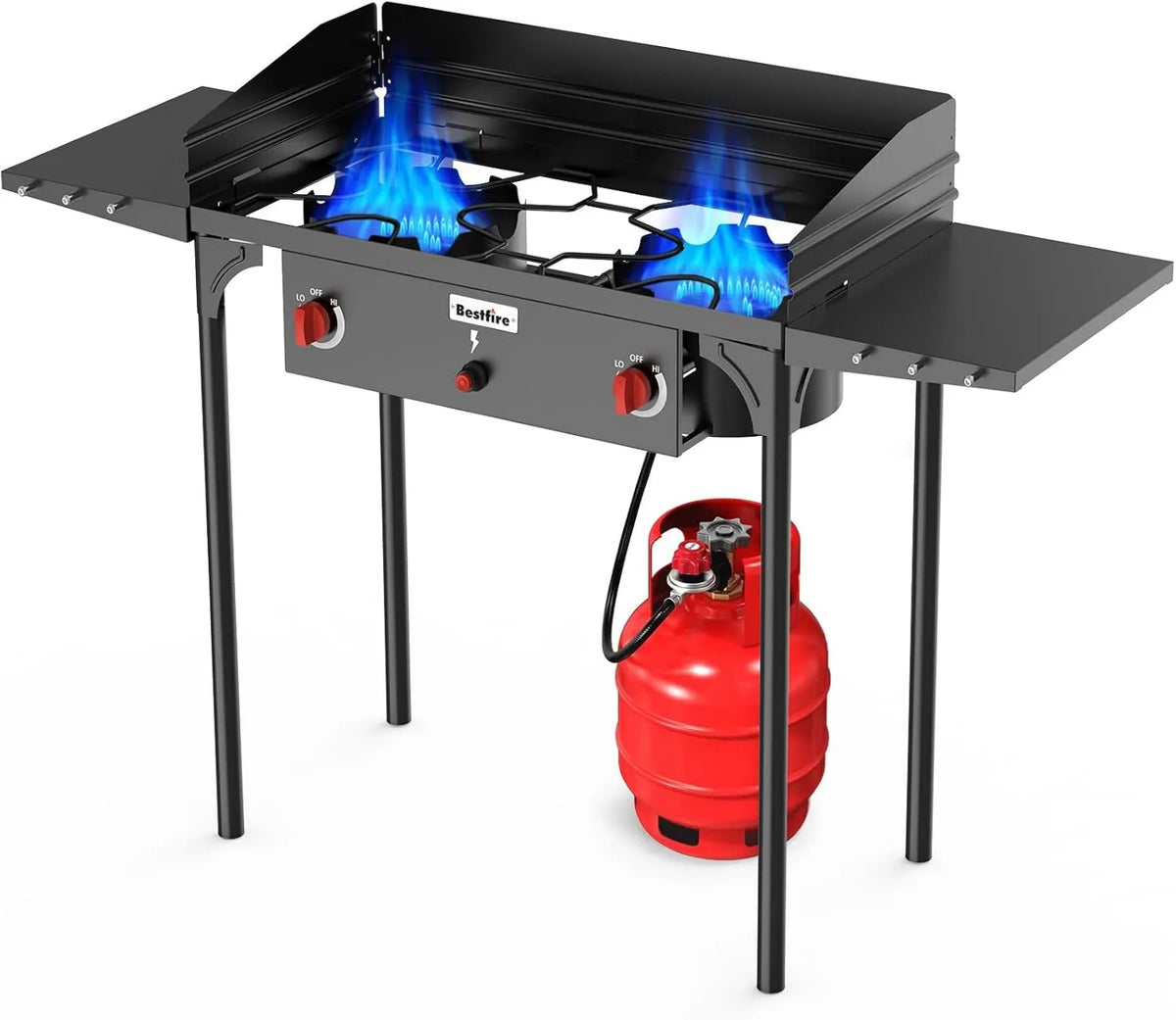 Portable Outdoor Gas Cooker BTU 2, 150000 BTU, 2 Burner, Compact Portable Design, Liquid Propane, Side Shelves for Camping