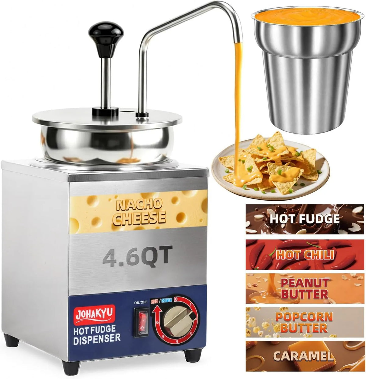 Cheese Sauce Warmer Dispenser Pump 4.6Qt, 86-230°F Stainless Steel for Hot Toppings, Commercial-Grade Design, JOHAKYU