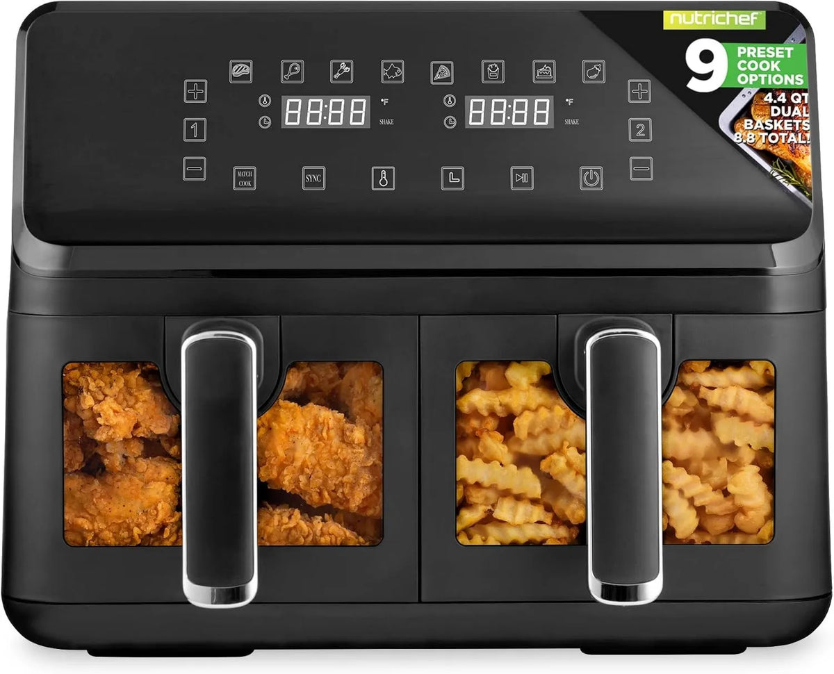 Air Fryer Double Basket, 8.8 QT, Circulation Massage, 4.4 QTs per Basket, 9-1 Preset Cooking Options, 360° Hot Air Circulation Technology, Nutrichef