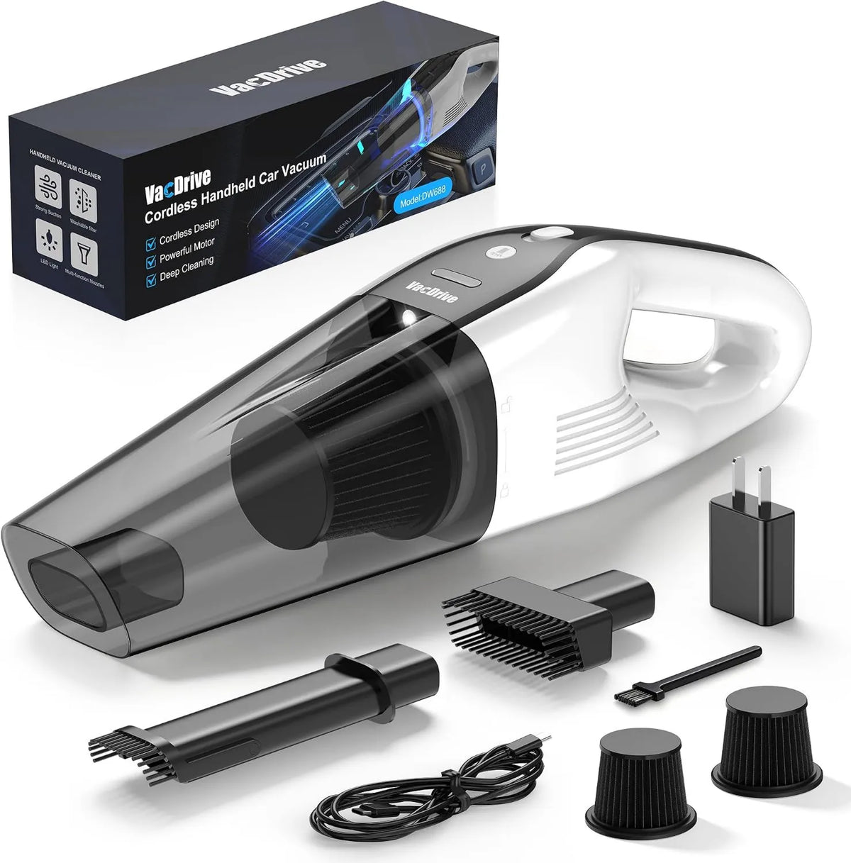 Vacuum Cleaner Rechargeable Hand Held Car, Cordless Design, Compact Portable Design, Vacuum Suction, White&Black, Handheld