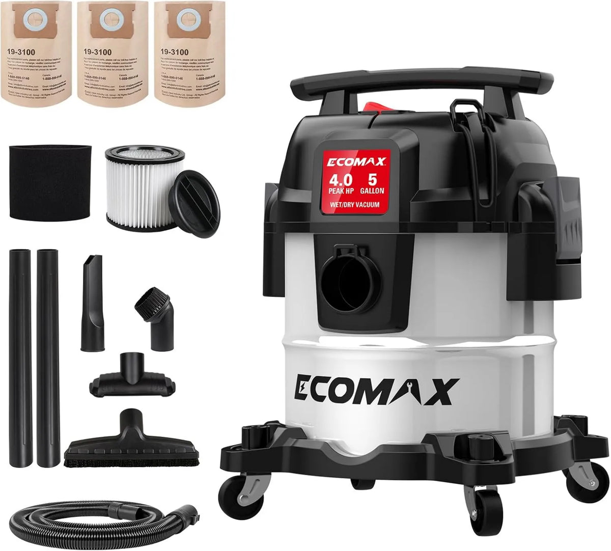 Vacuum Cleaner, 5 Gallon, Stainless Steel, Wet-to-Dry Use, ECOMAX