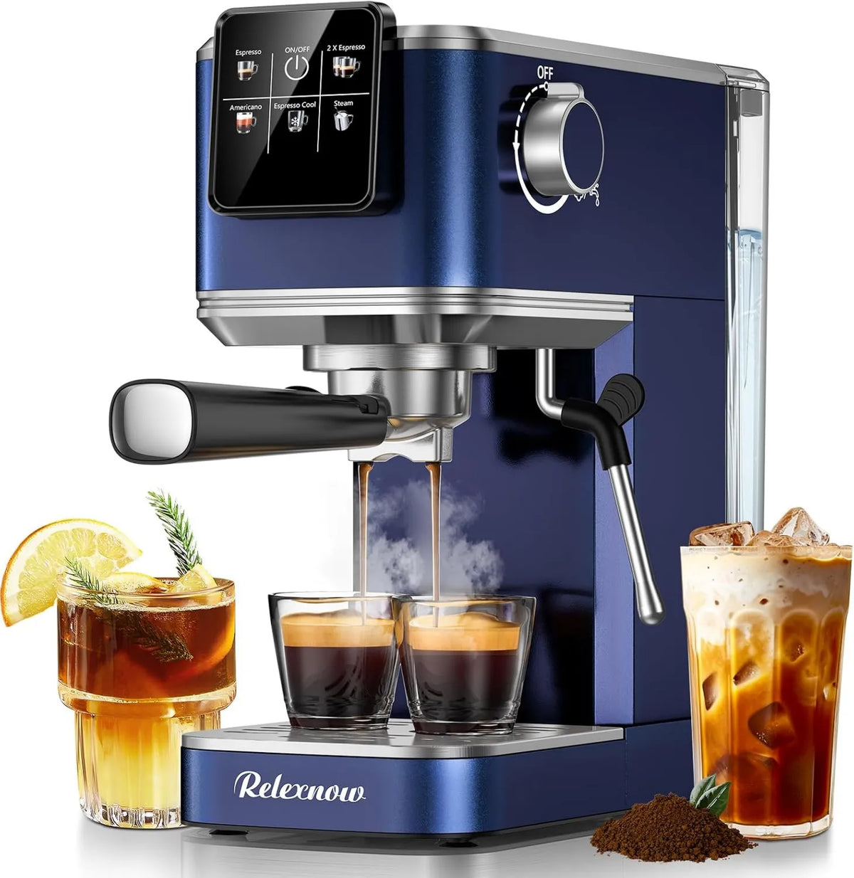 Espresso Machine Hot & Iced, 20 Bar, 41oz, Hot & Iced Coffee Machine, Hot and Iced Brewing, Stainless Steel, RELEXNOW