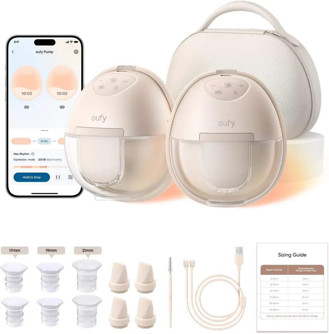 Eufy Heated Wearable Breast Pump, Hands-Free, Charging Case, Heat Function