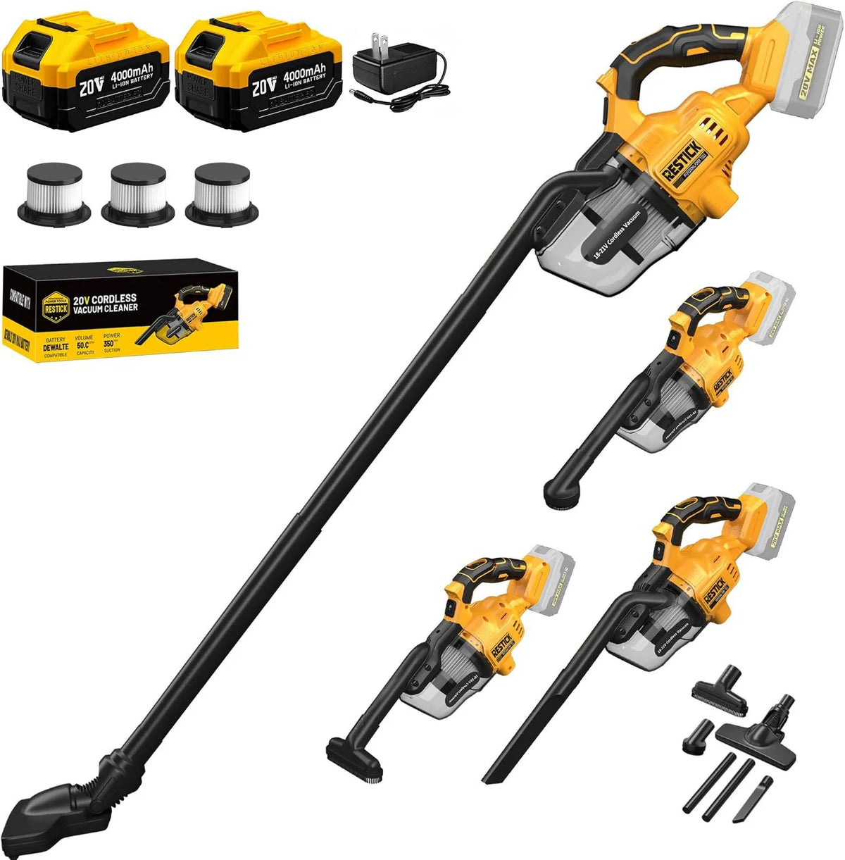 Cordless Stick Vacuum 2x4.0A, Cordless Design, HEPA Filtration, Vacuum Suction, 65CFM, 50kPa, 4-in-1, 3 HEPA Filters