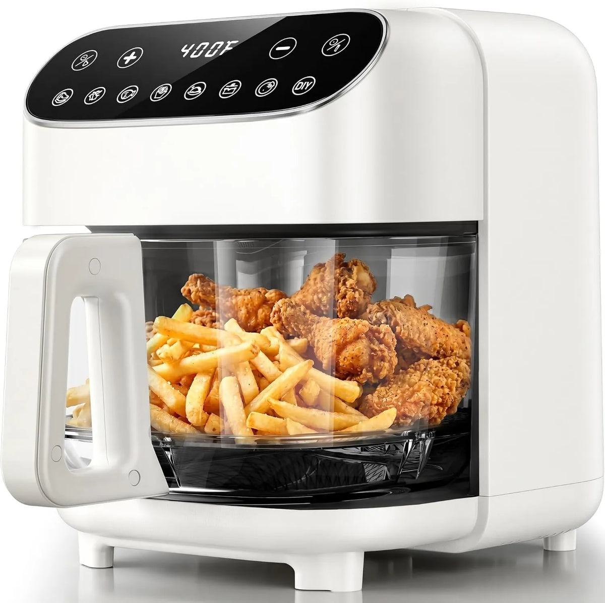 Air Fryer, Touch Controls, Adjustable Temperature, Timer, Compact Portable Design, 5QT, 8-in-1, Up to 400°F, 95% Less Oil., Creamy White