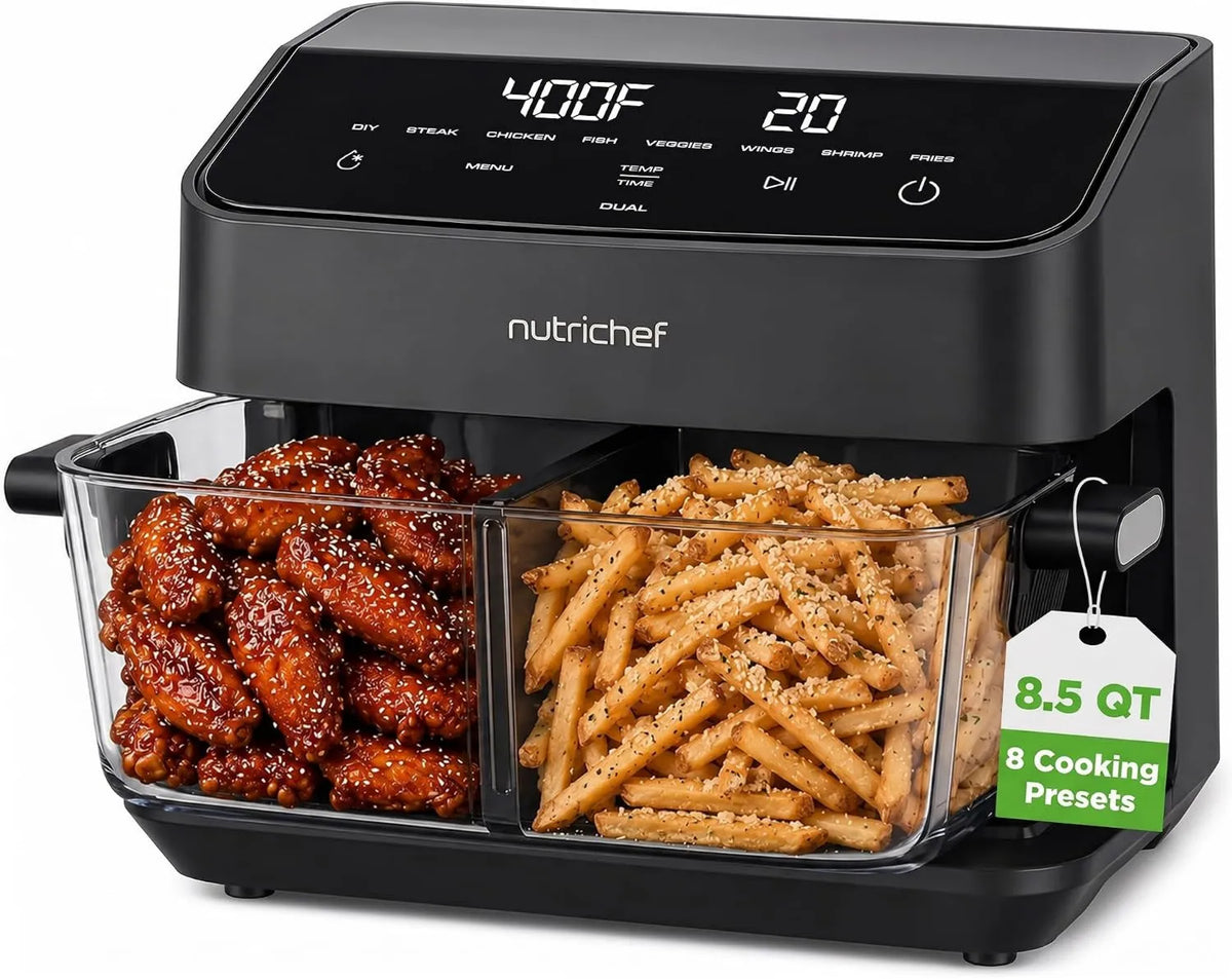 Air Fryer 8-in-1, 8.5 Quart, 8-in-1 Preset Dual Cook Modes, Adjustable Temperature & Timer, Cook Steak, Fries & More, NutriChef