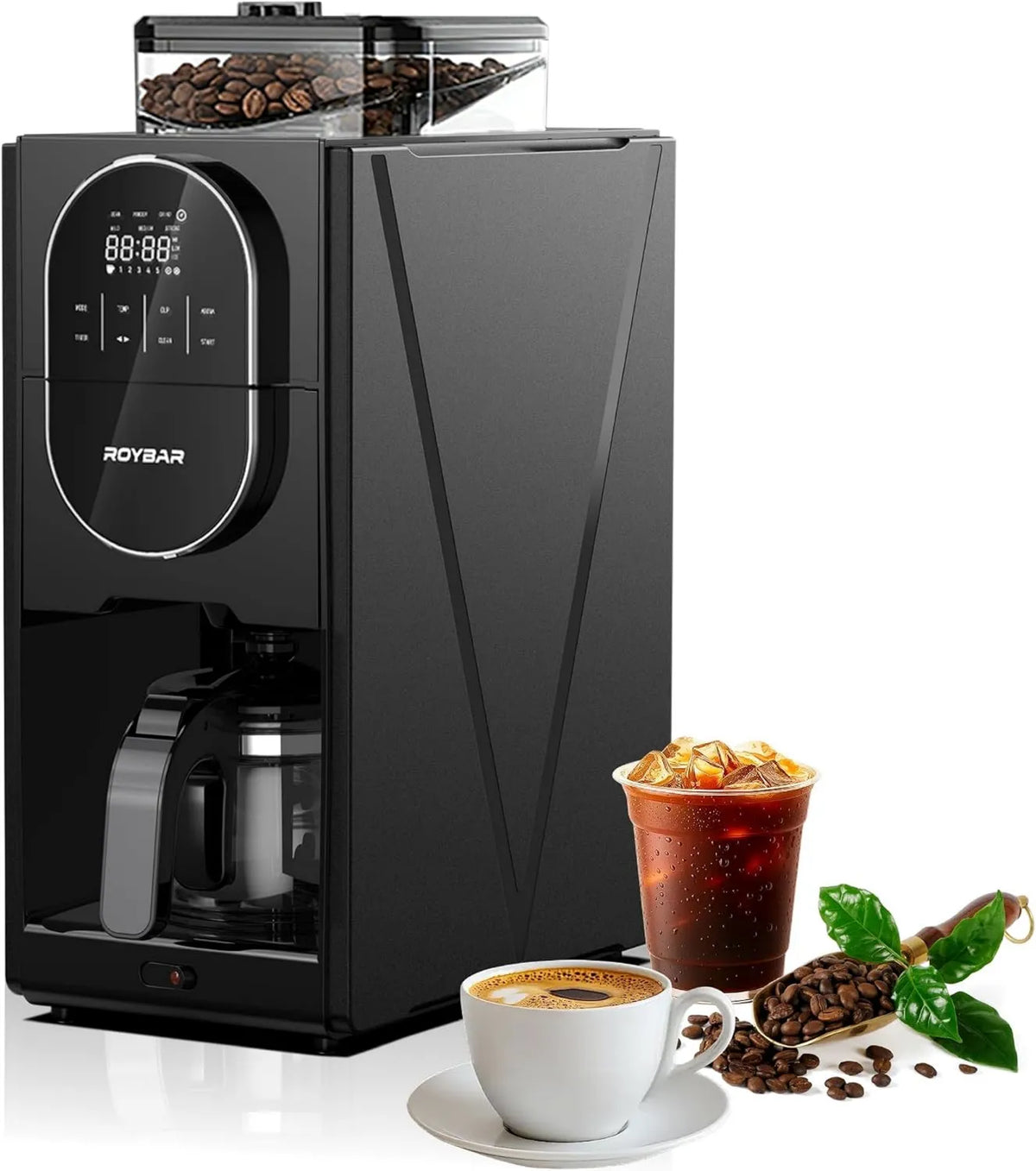 Drip Coffee Maker, 5 Cup, Built-in Stainless Steel Grinder, Programmable Timer for Home Office Use, Adjustable Grind Fineness & Brew Strength