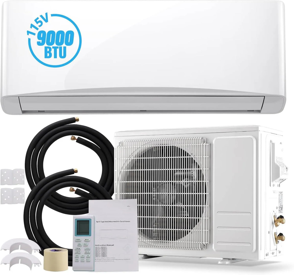 Ductless Mini Split System 9000 BTU SEER2, 17 SEER2, 115V, Max Coverage Area Up to 450 Sq, Remote Control, Multiple Modes White, Heat Function